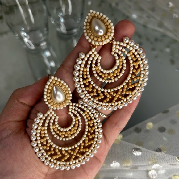 White Pearls Hoop Earrings ( Chand Bali ) - Picture 6 of 7